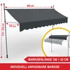 A diagram showing a balcony awning with dimensions and a smaller inset image of the awning. Produktbild-Vorschau