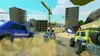 A construction site scene with multiple toy vehicles, including a blue truck and a yellow jeep, driving on a dirt road. There are unfinished buildings and cranes in the background. Produktbild-Vorschau