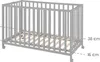 A gray wooden crib with a slatted base and wheels, shown from a diagonal angle. Produktbild-Vorschau