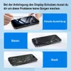 Image shows three panels demonstrating how to apply a screen protector to a smartphone, highlighting common issues like misalignment, bubbles, and dust. Produktbild-Vorschau