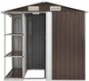 Front view of a brown metal garden shed with an open door and shelves on the left side. Náhled obrázku produktu