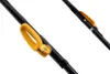 A close-up view of two yellow handles attached to black poles, likely part of a lawnmower. Produktbild-Vorschau