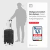 A person standing next to a suitcase, with dimensions and marketing text. Produktbild-Vorschau