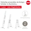 A marketing image showing a multi-purpose ladder in various configurations, with text highlighting its features and brand. Produktbild-Vorschau