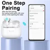A smartphone displaying Bluetooth settings next to a pair of white wireless earbuds in their charging case. Produktbild-Vorschau