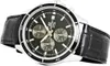A close-up shot of a men's wristwatch with a black leather strap and a black dial. Produktbild-Vorschau