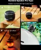 Collage of images showcasing a small, portable speaker with various features. Podgląd zdjęcia produktu