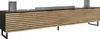 A long, low TV stand with slatted wooden doors and a black top, placed on a white background. Náhled obrázku produktu