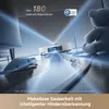 A robot vacuum cleaner is shown navigating around obstacles in a room, with blue light trails indicating its path and sensors. Produktbild-Vorschau