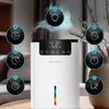 A white humidifier with a digital display and several circular icons around it indicating its features, placed on a table with a blurred background. Produktbild-Vorschau