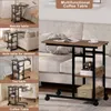 A collage of images showing a multifunctional coffee table used in different settings: beside a bed, next to a sofa, and as a tea table. The main image shows the table next to a sofa. Produktbild-Vorschau