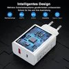 A white USB-C charger with a visible circuit board design and text overlays highlighting its features. Produktbild-Vorschau