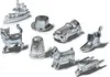 A collection of silver-colored Monopoly game tokens arranged on a white background. Produktbild-Vorschau
