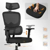 A black ergonomic office chair with various features highlighted by diagrams and text. Produktbild-Vorschau