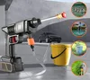A cordless pressure washer is shown with a bucket of water and several inset images showing its potential uses. Podgląd zdjęcia produktu