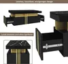 Multiple views of a modern black coffee table with gold accents and a marble-effect top, showing its drawers and open storage. Anteprima dell’immagine prodotto