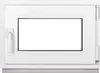 A white window frame with a clear glass pane, a handle on the left, and hinges on the right. Produktbild-Vorschau