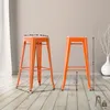 Two orange metal bar stools are shown with dimensions indicated by measurement lines and text. Náhľad obrázku produktu