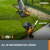 A collage showing a person using a cordless grass trimmer in two different garden settings, with text overlays highlighting its features. Produktbild-Vorschau