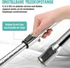 A hand is shown adjusting a telescopic pole, with text overlays explaining its features. Produktbild-Vorschau