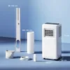 A portable air conditioner and its accessories are displayed on a light blue background, with dimensions indicated by text overlays. Náhled obrázku produktu