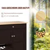 A kitchen cart with a wooden countertop is shown, with a forest background and marketing text highlighting natural materials and water resistance. Produktbild-Vorschau