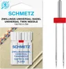 A package of Schmetz twin sewing needles and the needles themselves are displayed against a light brown fabric background. Náhled obrázku produktu