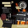 A marketing image showing a charcoal grill with accessories and a built-in thermometer, set against a fiery background. Produktbild-Vorschau