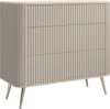 A three-drawer chest of drawers with a ribbed front and tapered metal legs, set against a white background. Produktbild-Vorschau