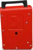 A red electric heater with a black handle and a logo on the front. Voir les images du produit