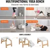 A collage of images showing different uses of a yoga bench, along with an assembly diagram. Voir les images du produit
