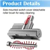 A vacuum cleaner head and brush roll are shown against a white background, with text describing product features. Produktbild-Vorschau