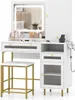 A white vanity table with a lighted mirror, drawers, a cabinet, and a stool, set against a white background. Voir les images du produit