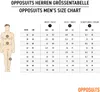 A size chart for Opposuits men's clothing, showing measurements for chest, waist, and inseam in both inches and centimeters, with a diagram of a male figure indicating measurement points. Produktbild-Vorschau