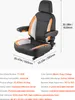 A studio shot of a black, orange, and white seat with dimensions and specifications listed. Podgląd zdjęcia produktu