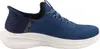 A side view of a blue Skechers slip-on sneaker with a white sole. Voir les images du produit