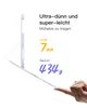 A hand is holding a thin electronic device, possibly a tablet or stylus, with text overlays highlighting its features. Produktbild-Vorschau