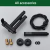 A collection of black bathroom faucet accessories laid out on a light gray surface. Produktbild-Vorschau