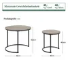 Diagrams showing the dimensions and weight capacity of two round coffee tables. Produktbild-Vorschau