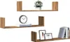 Three wooden U-shaped shelves are displayed against a white background. The top shelf holds a potted plant. The middle shelf has a clock and two books. The bottom shelf displays two framed pictures and a stack of books. Anteprima dell’immagine prodotto