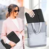 A split image showing a woman holding a laptop bag on the left and a hand placing a laptop into a tote bag on the right. Anteprima dell’immagine prodotto