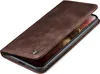 A brown leather flip case for a smartphone is shown with the cover partially open. Produktbild-Vorschau