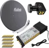 A collection of satellite dish components, including a dish, LNB, and a multischalter, arranged on a white background. Produktbild-Vorschau