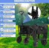 A black foldable wagon is shown outdoors on a grassy area, with a blue sunshade partially visible. Text overlays describe its features. Produktbild-Vorschau