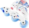 A close-up view of a white inline skate with blue wheels and pink accents. Produktbild-Vorschau