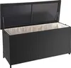 A black poly-rattan storage box with its lid open, revealing a beige fabric liner inside. The box is shown from a slightly elevated front-side angle against a white background. Náhled obrázku produktu