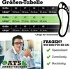 A man wearing a headset sits at a desk, with a size chart and foot graphic above him. Produktbild-Vorschau