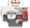 The image shows the packaging of a Tefal Duetto+ saucepan, with the saucepan itself prominently displayed. There are also some illustrative elements like tomatoes and a bowl of food. Podgląd zdjęcia produktu
