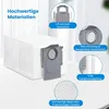 A white dust bag for a robot vacuum cleaner is shown with close-up diagrams highlighting its features. Produktbild-Vorschau