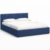 A blue upholstered bed with white bedding and pillows, shown from a side angle against a white background. Produktbild-Vorschau